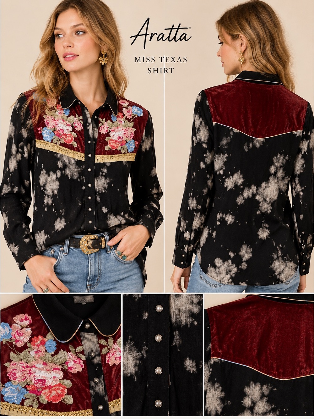 🌹 Aratta Miss Texas Shirt Black Velvet Floral Embroidered Western Top